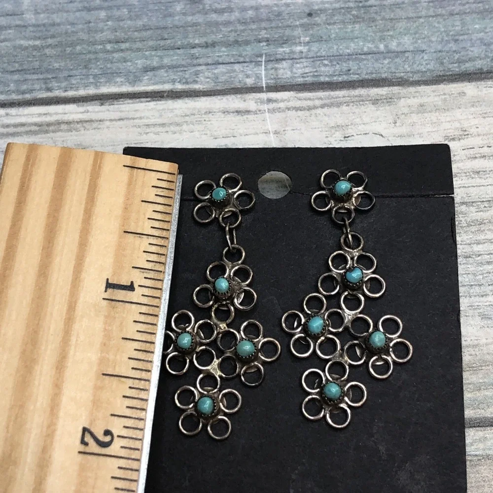 Zuni Flower Native American Indian Earrings Dangle Drop Silver Turquoise‎